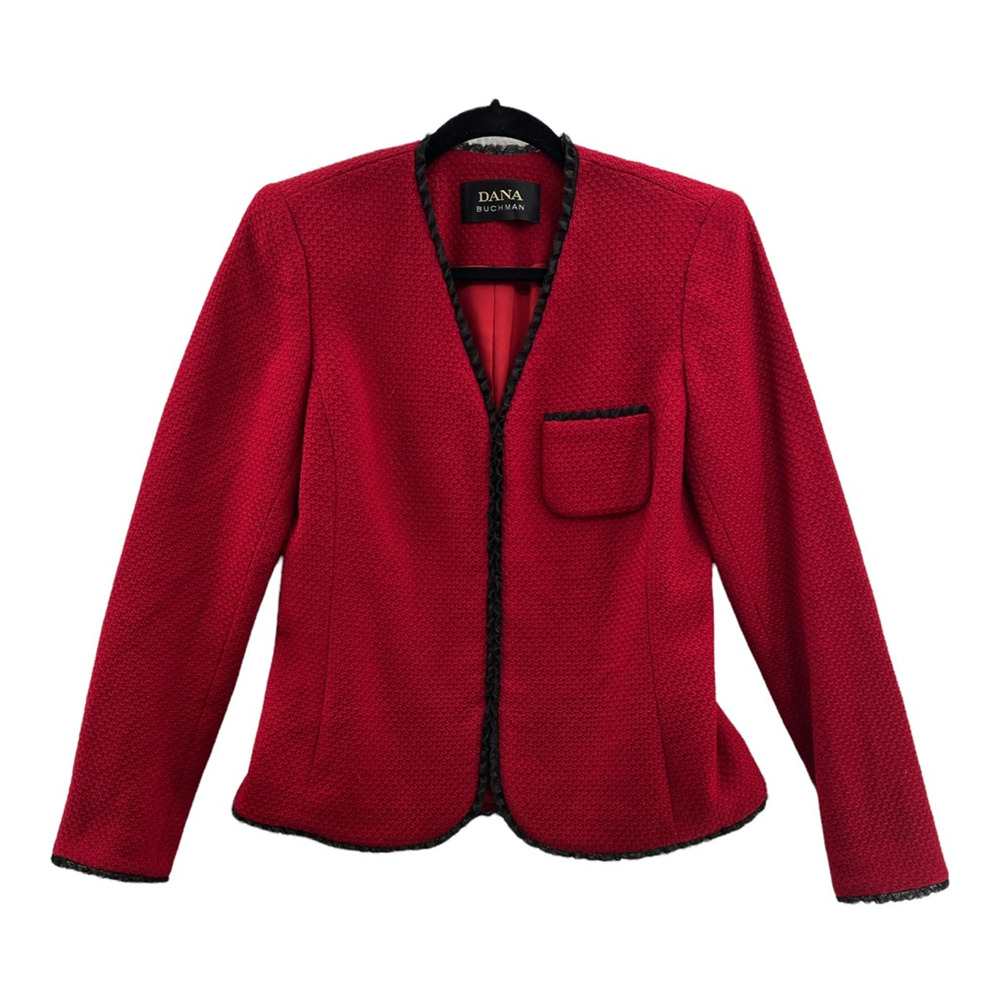 Dana Buchman Womens Sweater Jacket Red Black Textured V Neck Pocket 100% Wool 6